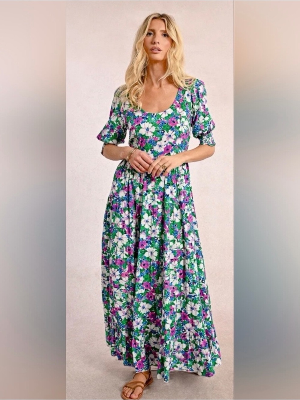 Molly Bracken Floral Scoop Maxi Dress in Green, Purple & White